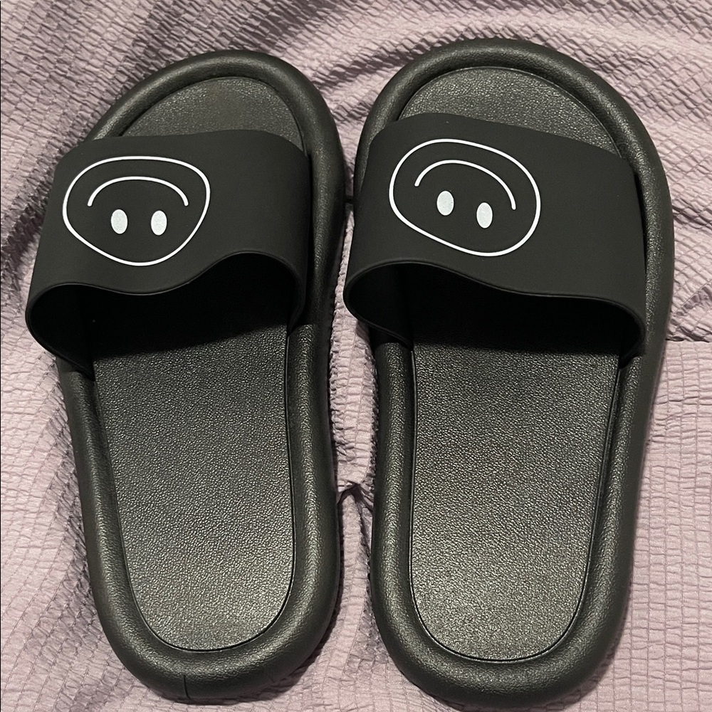 Black Slide Sandals with smiley faces NWOT